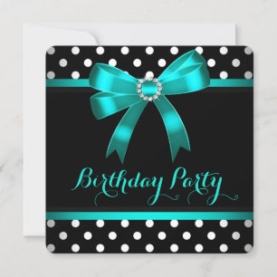 Invitation Turquoise Bow Black White Pois fête d'anniversaire