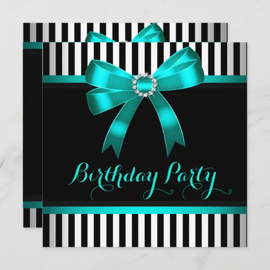Invitation Turquoise Bow noir blanc rayé fête d'anniversaire (Devant / Derrière)