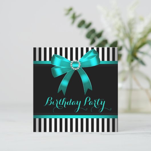 Invitation Turquoise Bow noir blanc rayé fête d'anniversaire (Debout devant)