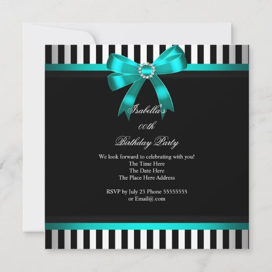 Invitation Turquoise Bow noir blanc rayé fête d'anniversaire (Dos)