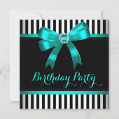 Invitation Turquoise Bow noir blanc rayé fête d'anniversaire (Devant)