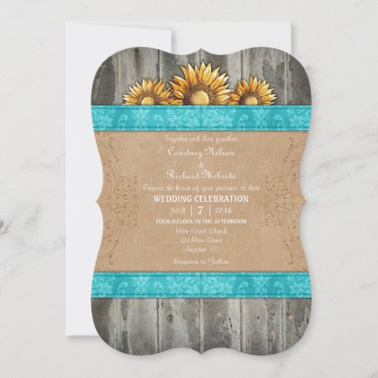 Invitation Turquoise Brown Rustique Mariage de tournesol Invi (Devant)