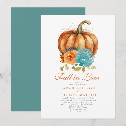 Invitation Turquoise Brûlé Orange Floral Chute En Amour Flora (Devant / Derrière)