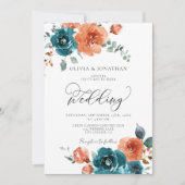 Invitation Turquoise Brûlé Orange Rustique Automne Mariage Fl (Devant)