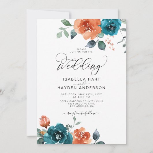 Invitation Turquoise Burange Boho Floral Aquarelle Mariage (Devant)