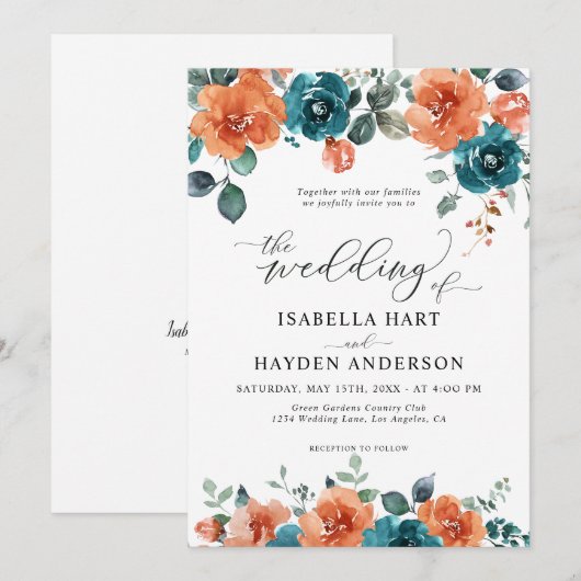 Invitation Turquoise Burange Boho Floral Aquarelle Mariage (Devant / Derrière)