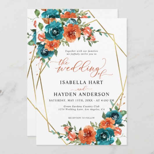 Invitation Turquoise Burange Floral or Boho Mariage (Devant / Derrière)