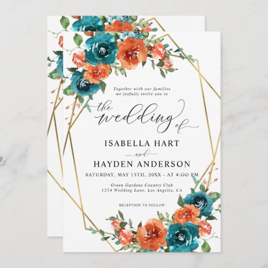 Invitation Turquoise Burange Orange Floral Gold Frame Mariage (Devant / Derrière)