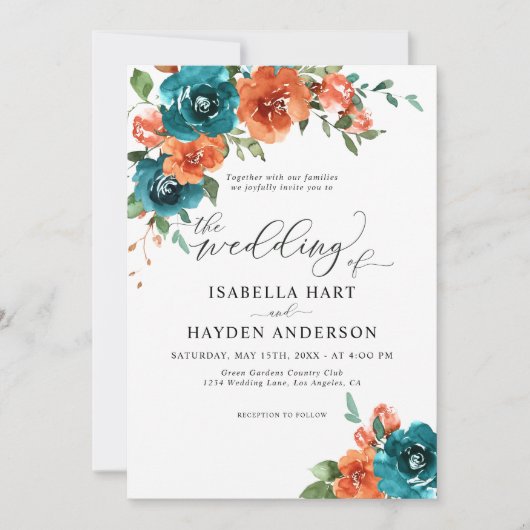 Invitation Turquoise Burange Rustique Floral Aquarelle Mariag (Devant)