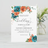 Invitation Turquoise Burange Rustique Floral Aquarelle Mariag (Debout devant)