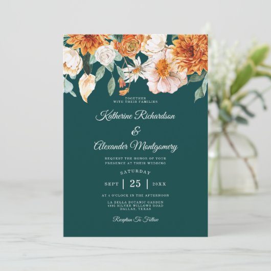 Invitation Turquoise Burnt Orange Élégant Mariage de automne (Debout devant)