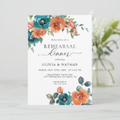 Invitation Turquoise Burnt Orange Fleurs Dîner De Répétition (Debout devant)