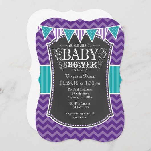 Invitation Turquoise Chalkboard violet Chevron Baby shower In (Devant / Derrière)