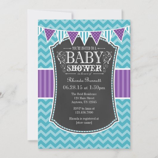 Invitation Turquoise Chalkboard violet Chevron Baby shower In (Devant)