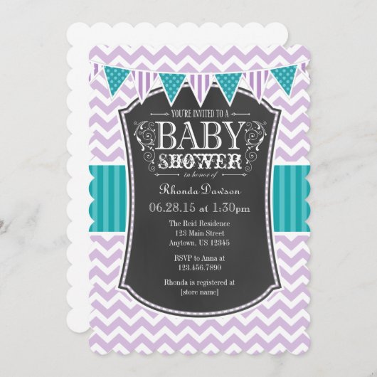 Invitation Turquoise Chalkboard violet Chevron Baby shower In (Devant / Derrière)