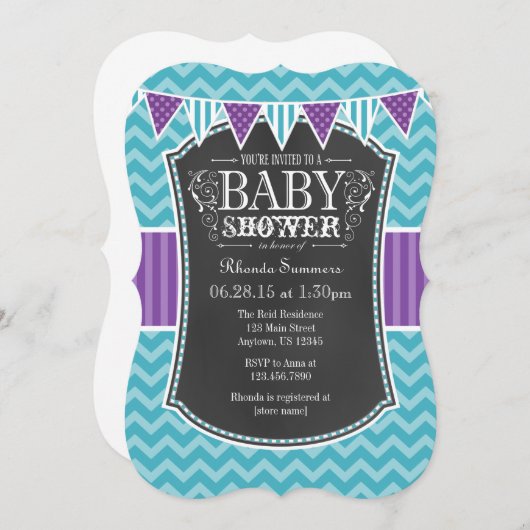 Invitation Turquoise Chalkboard violet Chevron Baby shower In (Devant / Derrière)