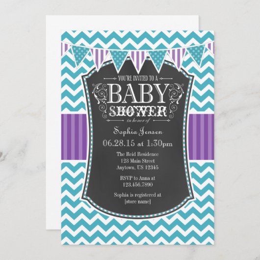 Invitation Turquoise Chalkboard violet Chevron Baby shower In (Devant / Derrière)