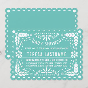 Invitation Turquoise clair, papillon blanc picado bébé douche