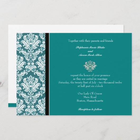 Invitation turquoise Classic Mariage damassé (Devant / Derrière)
