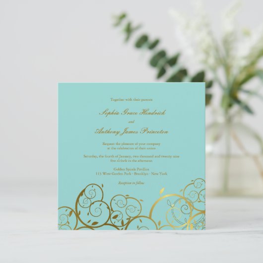 Invitation Turquoise & Classy Golden Spirals Mariage élégant (Debout devant)