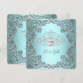 Invitation Turquoise Coeur rose Tiara Princess Baby shower (Devant / Derrière)