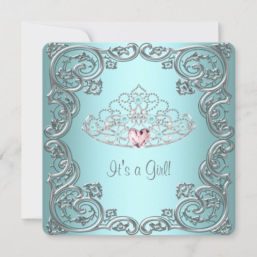 Invitation Turquoise Coeur rose Tiara Princess Baby shower (Devant)