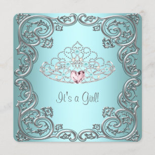 Invitation Turquoise Coeur rose Tiara Princess Baby shower