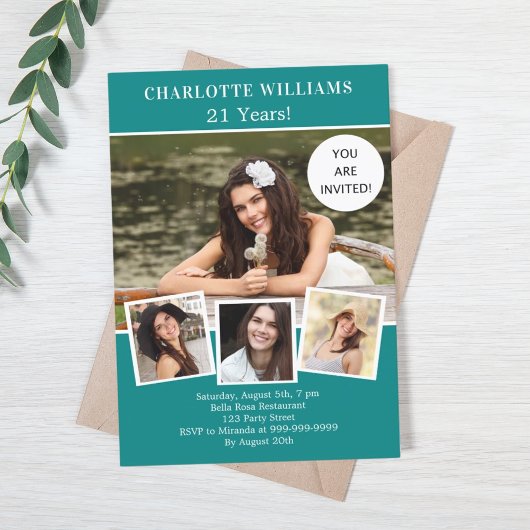 Invitation Turquoise collage photo vert luxe anniversaire