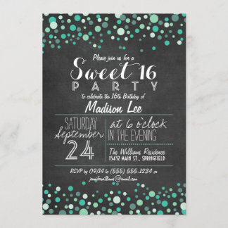 Invitation Turquoise Confetti Chalkboard Vert Sweet 16 Party