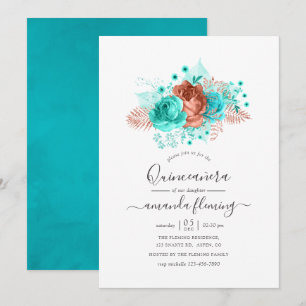 Invitation Turquoise & Corail Aquarelle Quinceañera