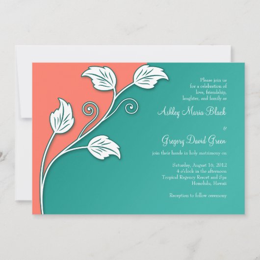 Invitation Turquoise, Corail Blanc Mariage de vigne feuillus (Devant)