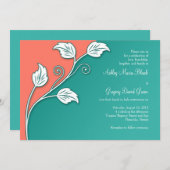 Invitation Turquoise, Corail Blanc Mariage de vigne feuillus (Devant / Derrière)