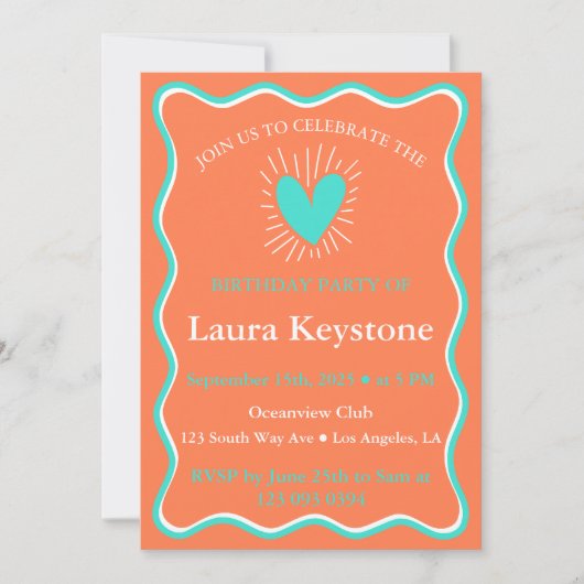 Invitation Turquoise, Corail et Blanc Retro Wavy (Devant)
