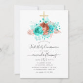 Invitation Turquoise & Corail Fleur d'aquarelle Sainte Commun (Devant)