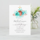 Invitation Turquoise & Corail Fleur d'aquarelle Sainte Commun (Debout devant)