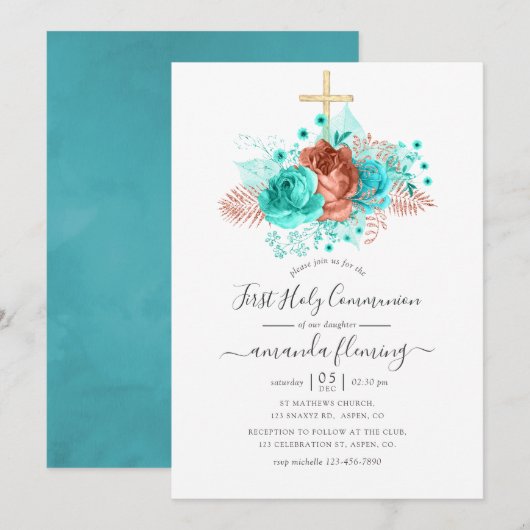 Invitation Turquoise & Corail Fleur d'aquarelle Sainte Commun (Devant / Derrière)