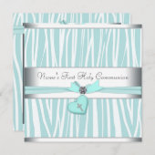 Invitation Turquoise Croix de Zèbre Bleu Première communion (Devant / Derrière)