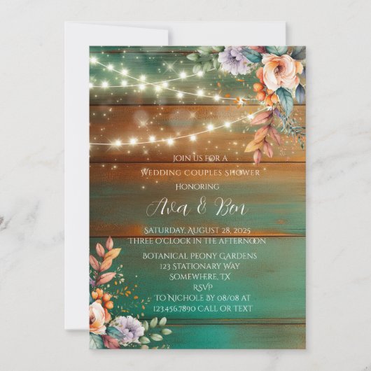 Invitation Turquoise Cuivre Peony Mariage clair Couples Show (Devant)