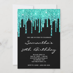 Invitation Turquoise Cyan foncé Paillettes Gouttes Noir Anniv