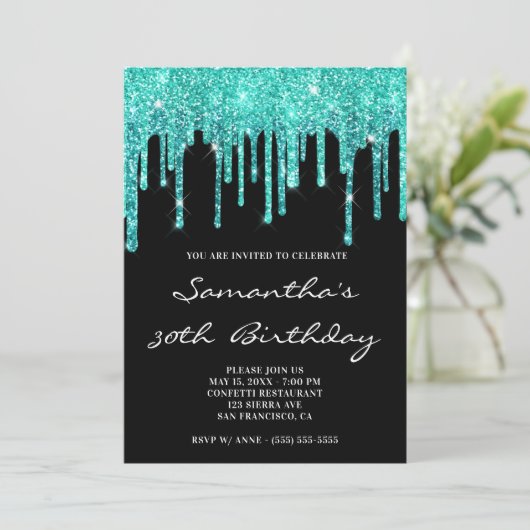 Invitation Turquoise Cyan foncé Parties scintillant gouttes N (Debout devant)