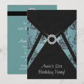 Invitation Turquoise Damask Black 21e anniversaire de fête In (Devant / Derrière)