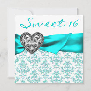 Invitation Turquoise Damask Coeur Turquoise Bleu Doux 16 Part