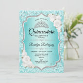 Invitation Turquoise Damask Elegant Floral Quinceanera (Debout devant)