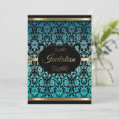 Invitation Turquoise Damask Fête de célébration | Texte de br (Debout devant)