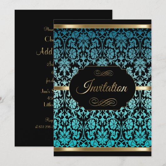 Invitation Turquoise Damask Fête de célébration | Texte de br (Devant / Derrière)