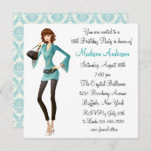 Invitation Turquoise Damask Girls 18e fête d'anniversaire (Devant / Derrière)