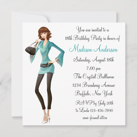 Invitation Turquoise Damask Girls 18e fête d'anniversaire (Devant)
