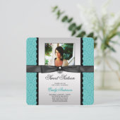 Invitation Turquoise Damask Photo Sweet 16 Party (Debout devant)