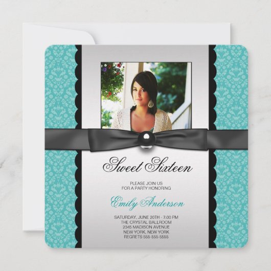 Invitation Turquoise Damask Photo Sweet 16 Party (Devant)