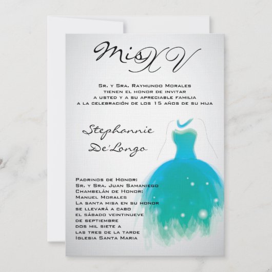 invitation turquoise d'anniversaire de Quinceanera (Devant)